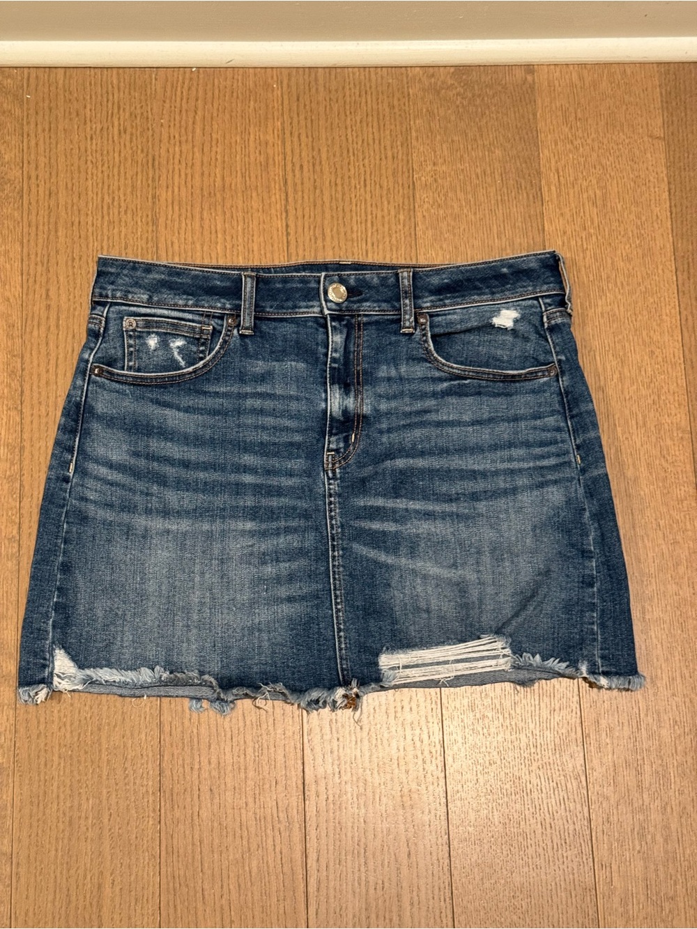 American Eagle Outfitters Dark Blue Distressed Denim Mini Skirt